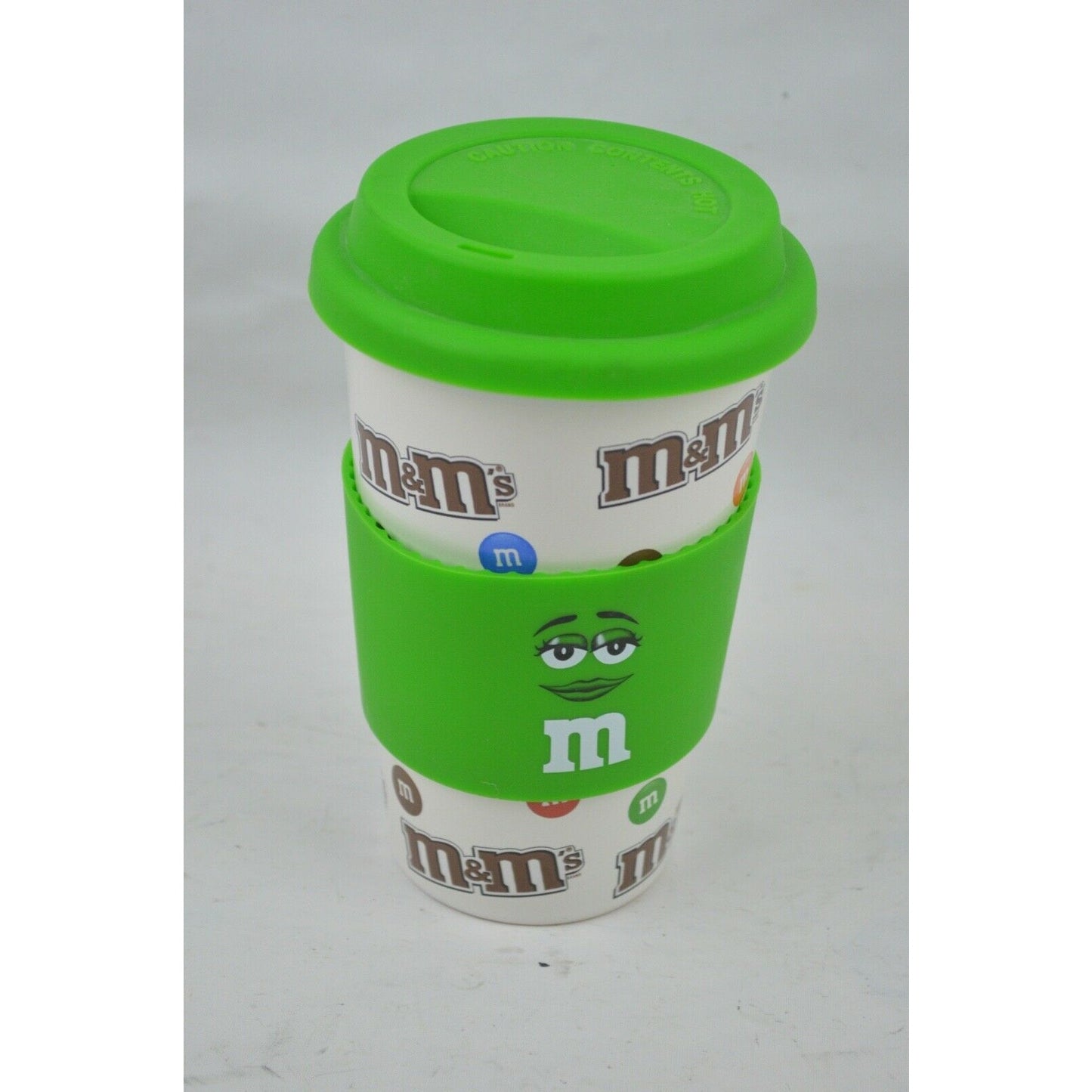 Ceramic Travel Coffee Mug Cup M&M's Face W/ Green Silicone Lid & Sleeve 16 oz