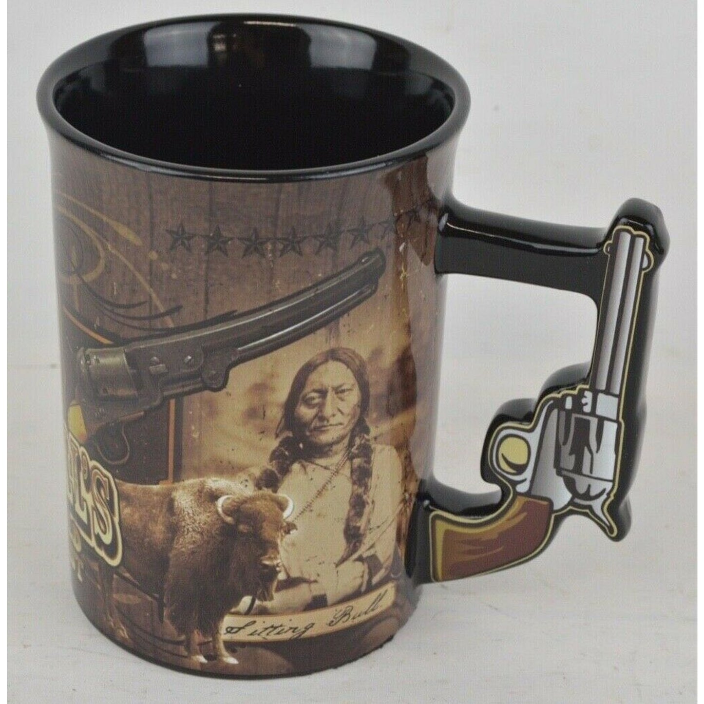 Buffalo Bill's Wild West Ceramic Coffee Mug Cup Brown Gun Handle 3D