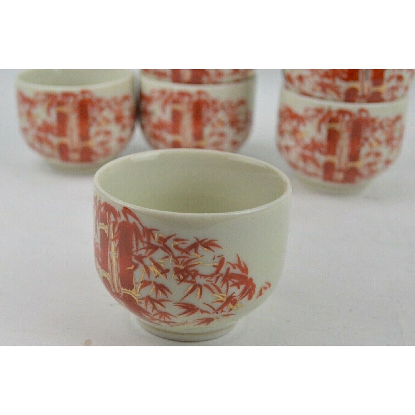 Set x7 Vintage Sake Tea Pot Bowls Cups Ochoko Red Gold Bamboo Motif Shaddy JGI