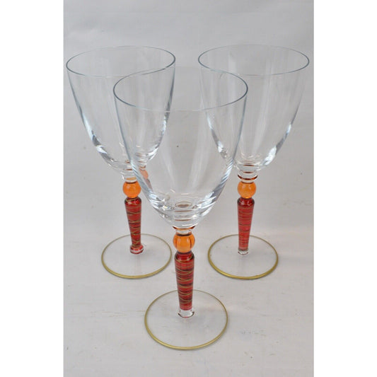 Set x3 PIER 1 Orbit Spice Pattern Wine Glass Glasses Red Orange Ball Ruby Stem