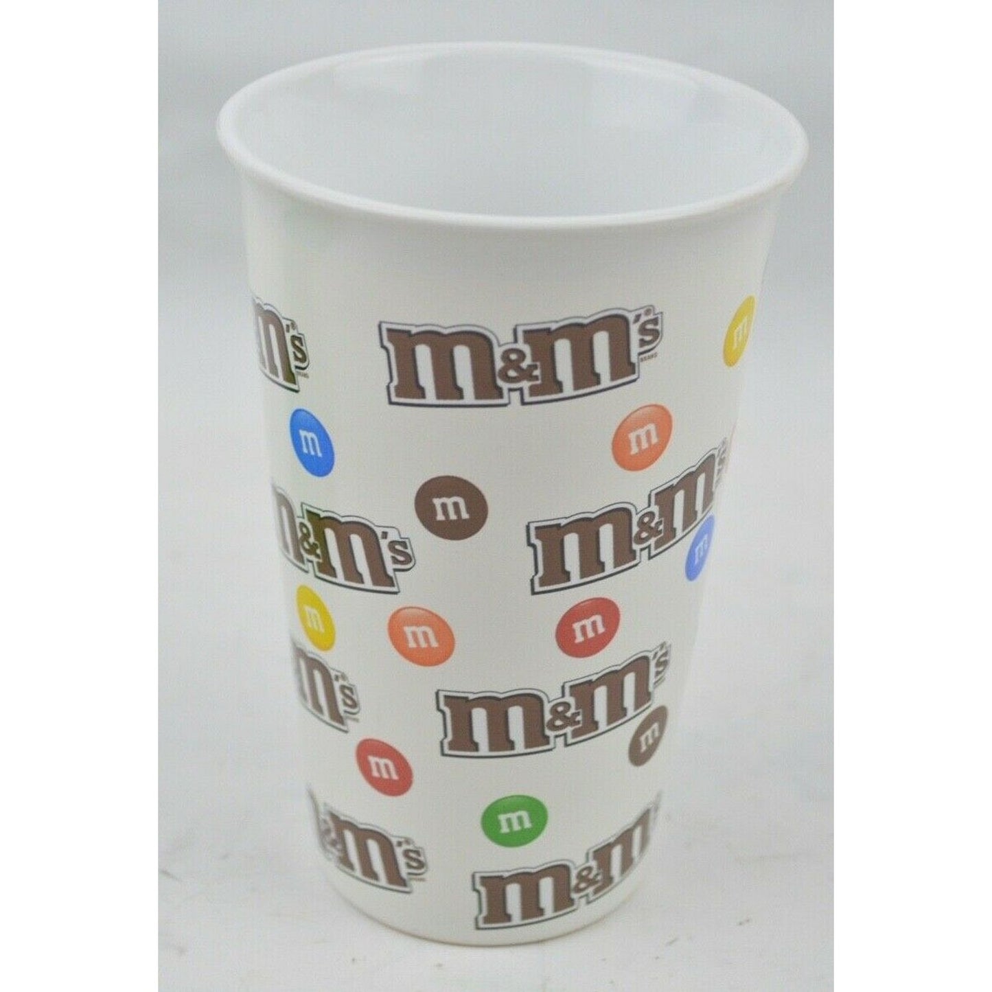 Ceramic Travel Coffee Mug Cup M&M's Face W/ Green Silicone Lid & Sleeve 16 oz