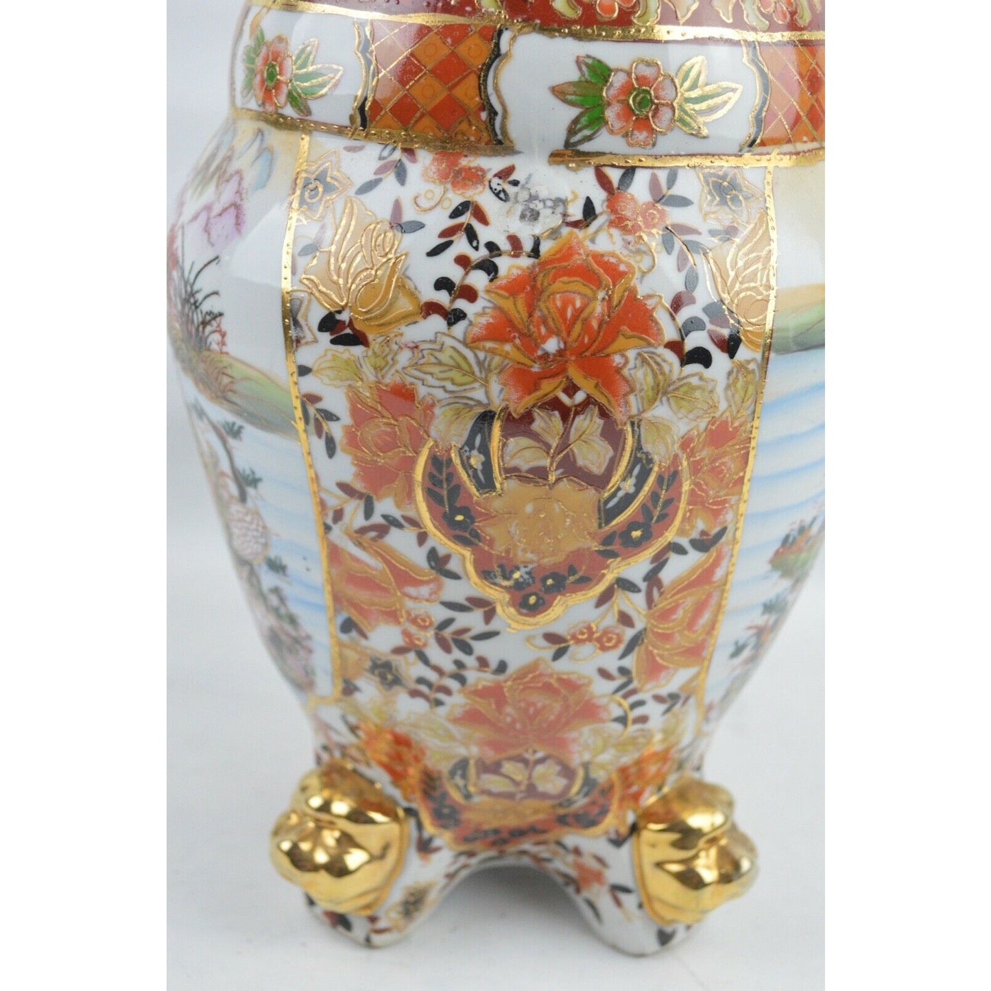 Japanese Moriage Antique Satsuma Vase Handle Floral Gold Trim Garden Made China