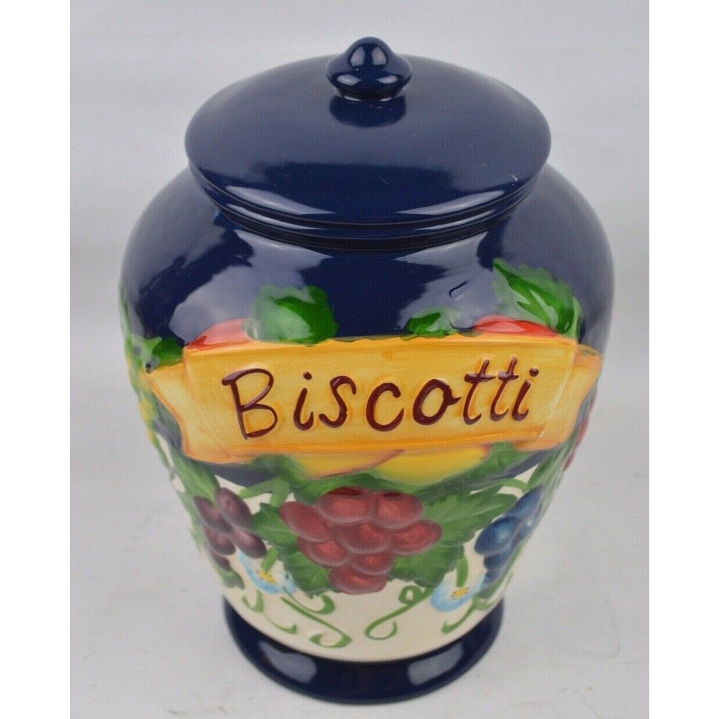 Ceramic Cookie Jar Canister Nonni's biscotti Blue Tuscany Grapes Hand painted