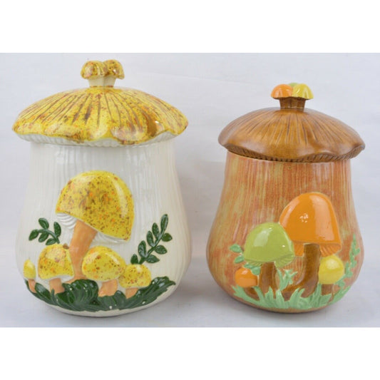 Set Of x2 Arnel's Glazed Ceramic Mushroom Canister Cookie Jar 3D Yellow Tan