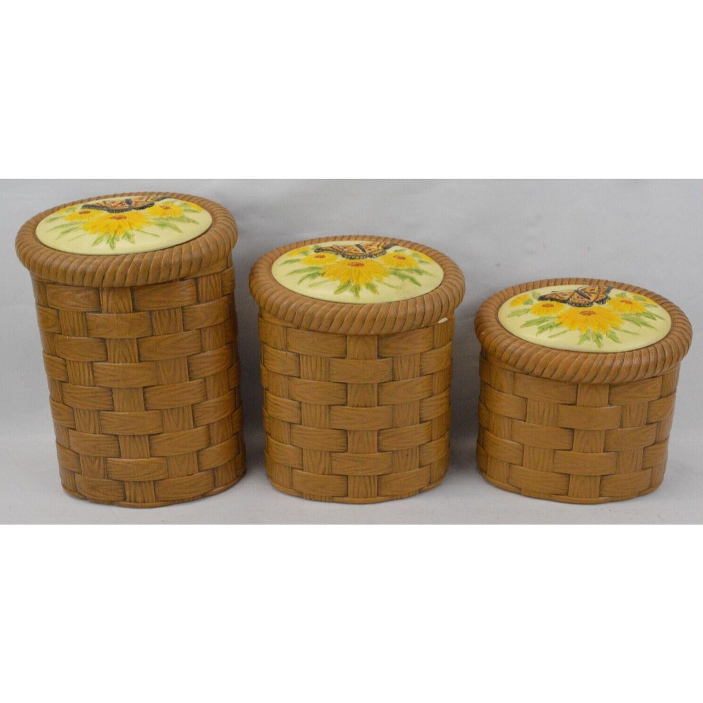 Set 3x Ceramic Cookie Jar Canister Bamboo Weave Basket Sun Flower Butterfly 3D