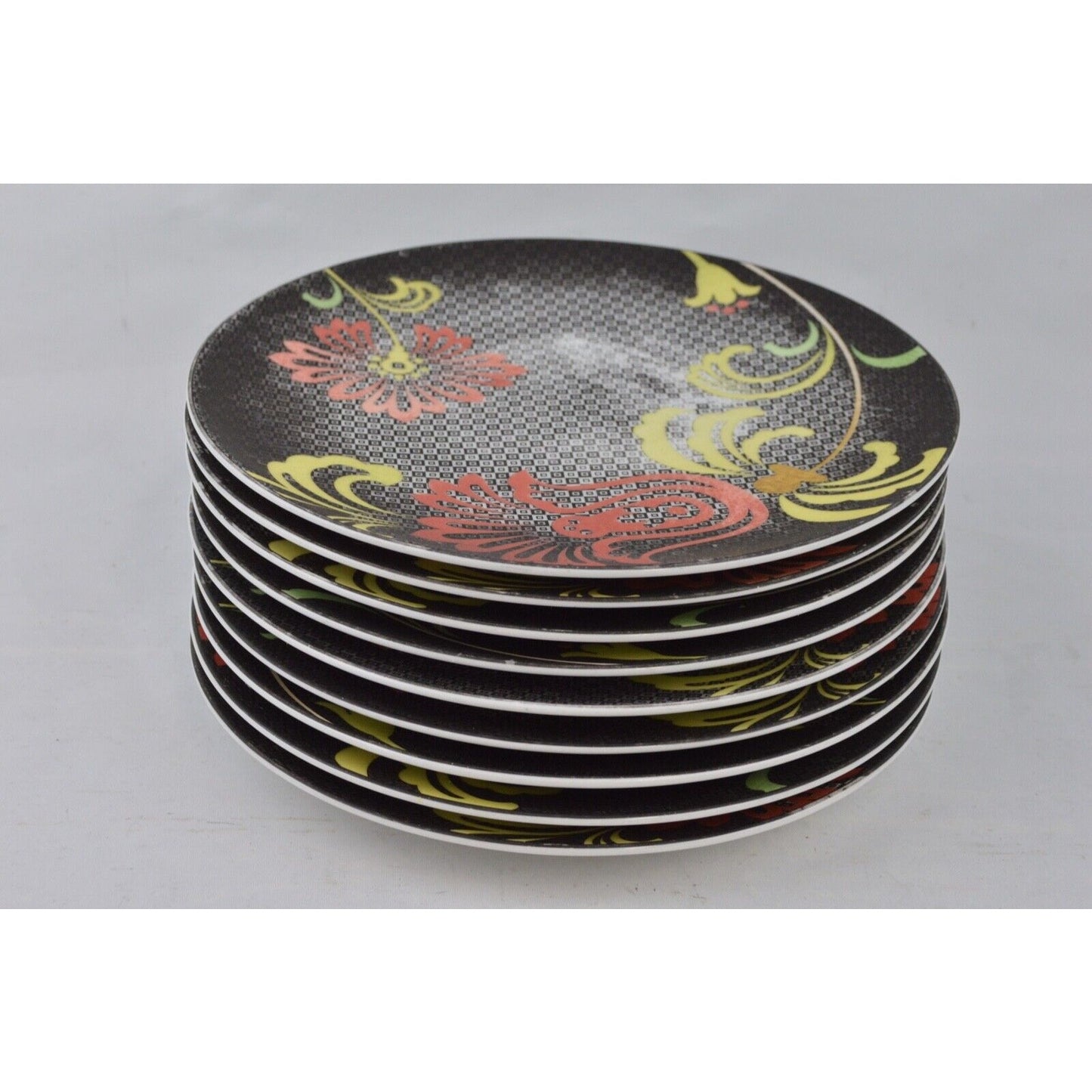 Set x9 Salad Plates Noritake Swing Black Red Matte Bone China 9337L Floral 9''