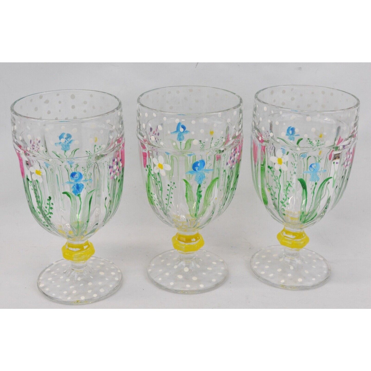 Set Of 3x Libbey Duratuff Hand Painted Floral Goblet Drinking Glass USA Daisies