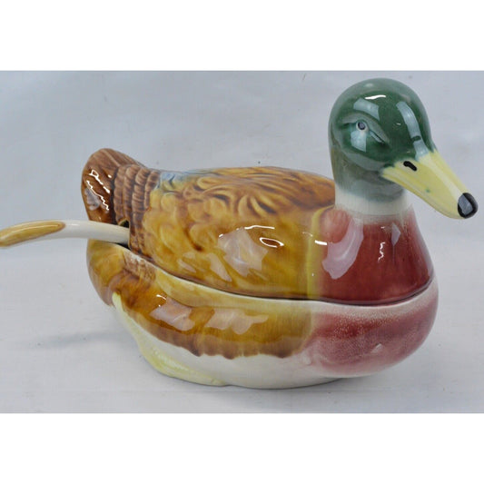 Olfaire Mallard Duck Shaped Ceramic Serving Soup Tureen Ladle Lid Made Portugal