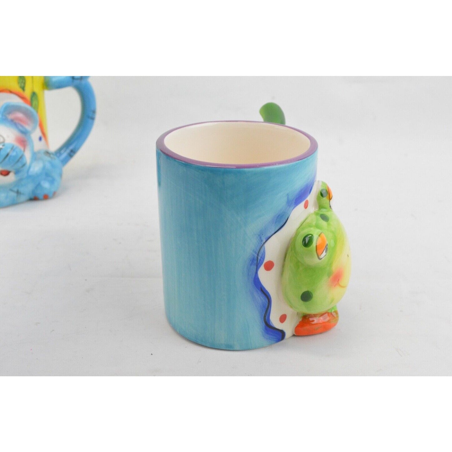 Set Of 3x Ceramic Coffee Mug Cup Animal Lion Frog Elephant 3D Color Hand Painted