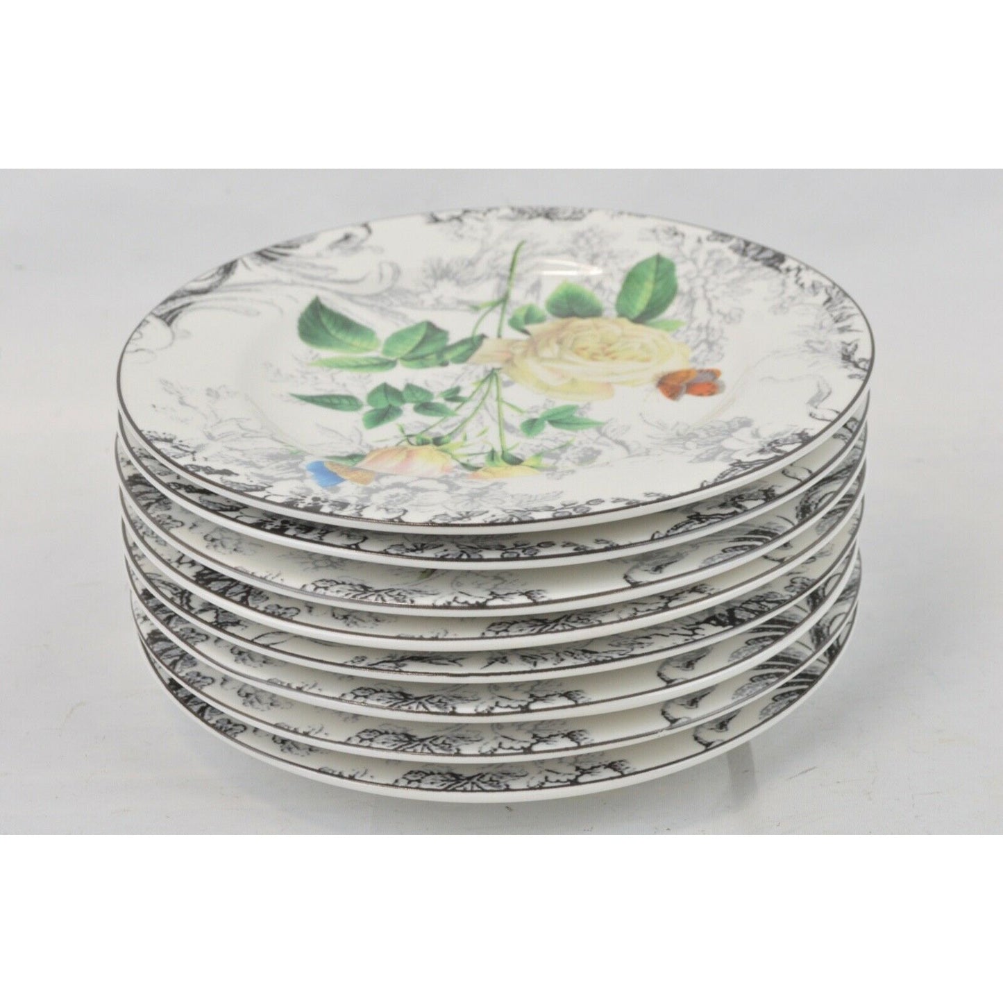 Set Of x8 Salad Plates American Atelier Porcelain Rose Toile Flowers 5232 8''