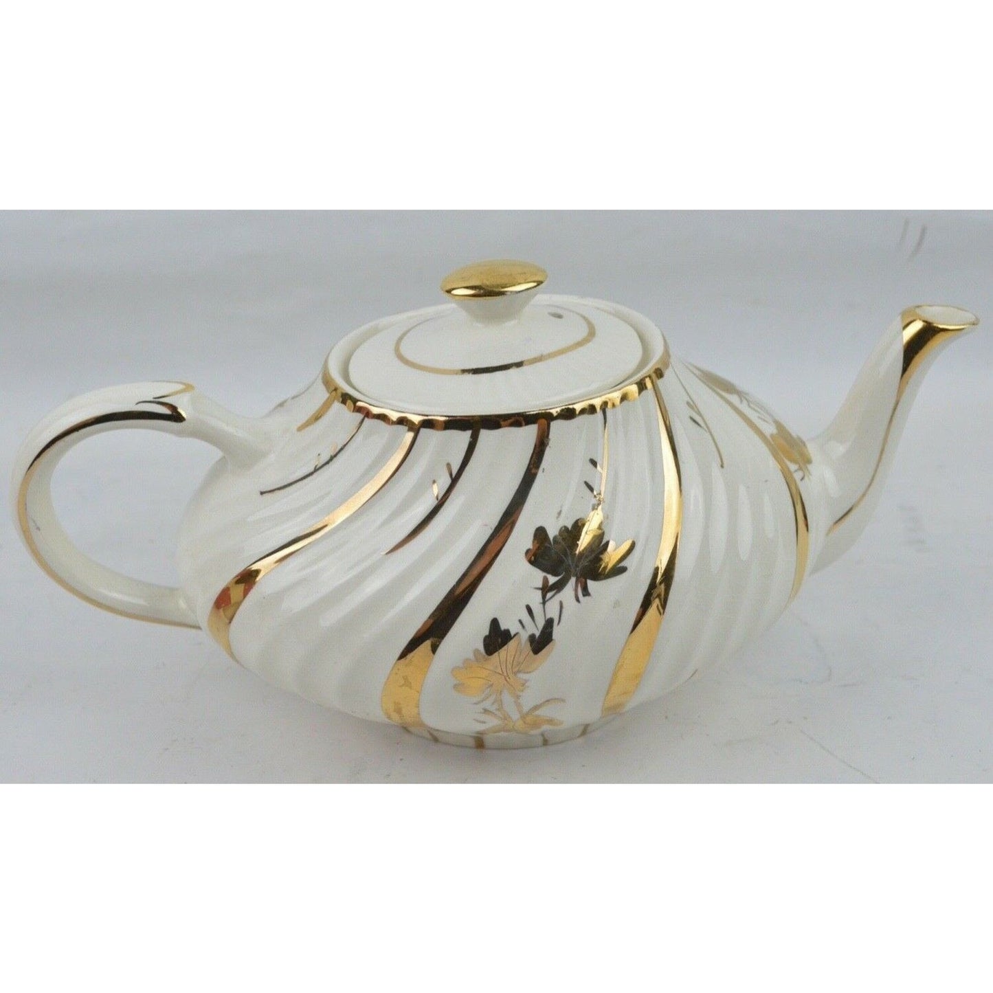 Vintage Arthur Wood Porcelain Teapot England 4833 Gold Pattern Flower Lid Golden