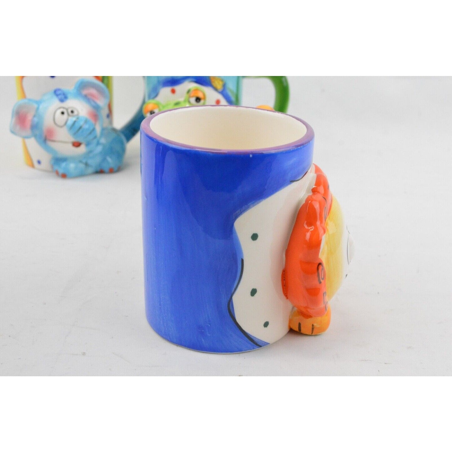 Set Of 3x Ceramic Coffee Mug Cup Animal Lion Frog Elephant 3D Color Hand Painted