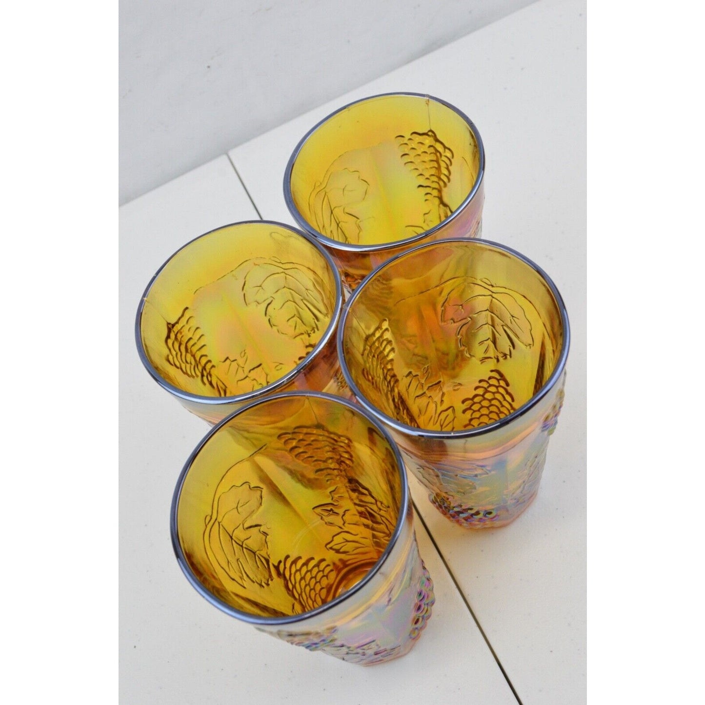 Set 4x Drinking Glasses Glass Vintage Indiana Harvest Grape Marigold Carnival