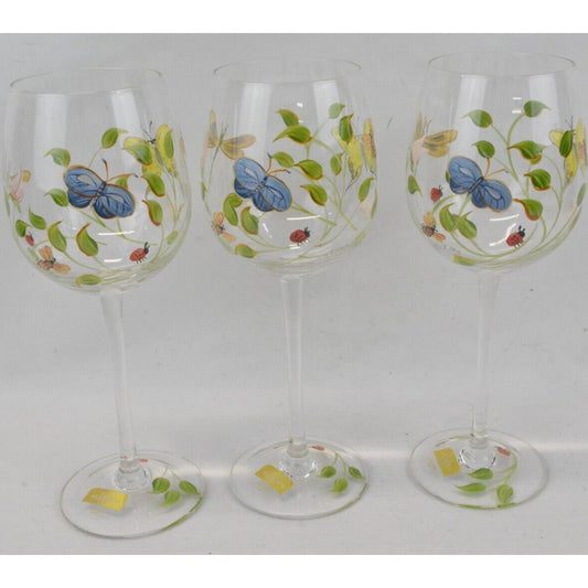 Set Of 3x Lenox Butterfly Meadow Hand Painted Wine Glasses Ladybug Flowers